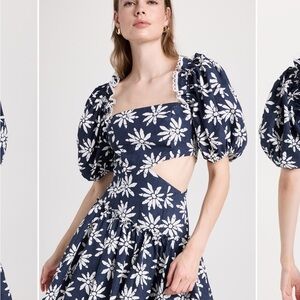 En Saison White and Blue Cut Out Puff Sleeve Mini Dress